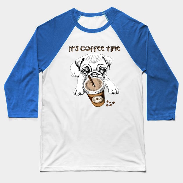 Pug puppy with a plastic cup of coffee Baseball T-Shirt by amramna